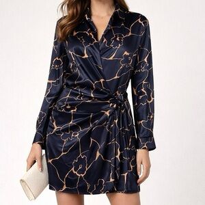 ASTR The Label Navy Satin Floral Wrap Mini Dress Size M Long Sleeve
